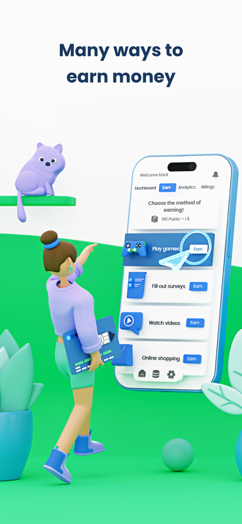 Paidwork: Make Money - Paidwork app interface showing earning options like playing games and taking surveys