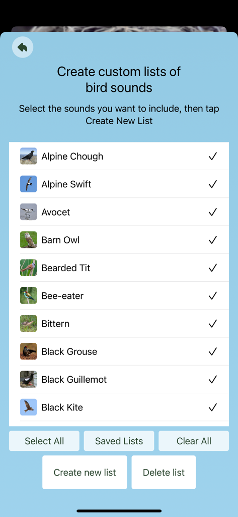Interface for creating custom lists of European bird songs in the Chirp app