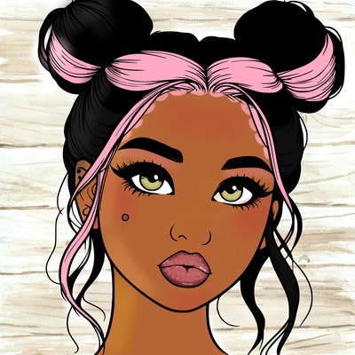 realistic girl with two buns on her hair and lips