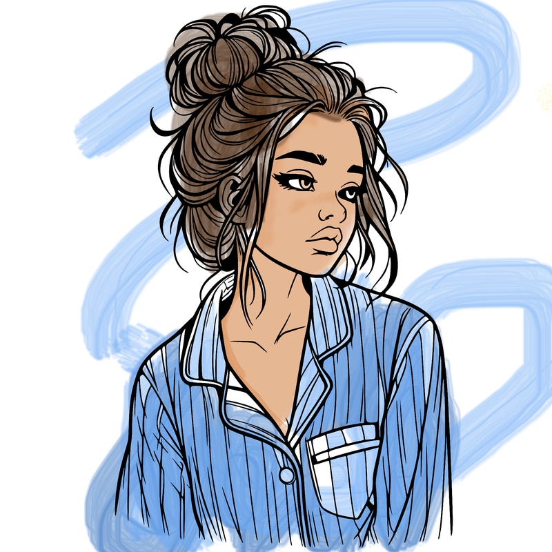 realistic woman with pajamas on and a messy bun