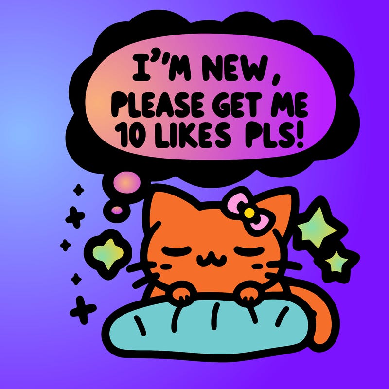 kitty taking a nap dream talking and saying "i'm new, please get me at least 10 likes pls!!"