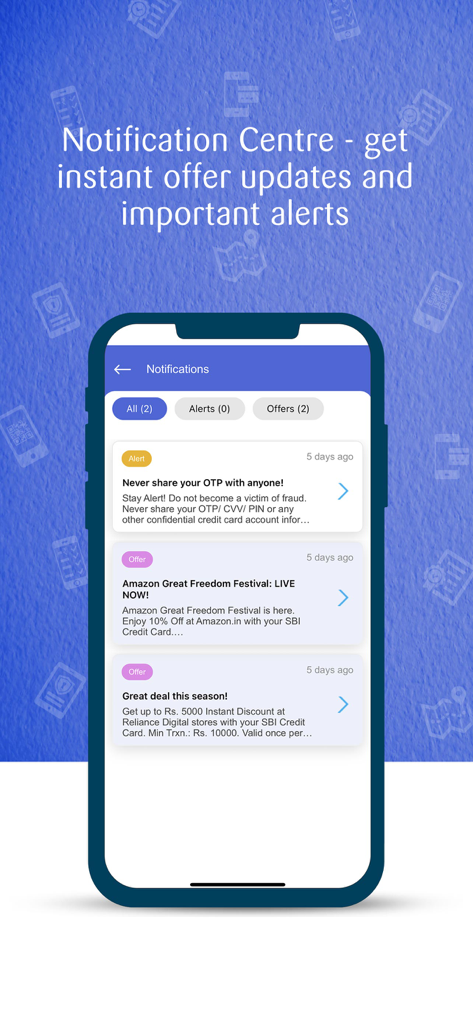Pantalla del centro de notificaciones de la aplicación SBI Card que muestra alertas de seguridad y ofertas promocionales