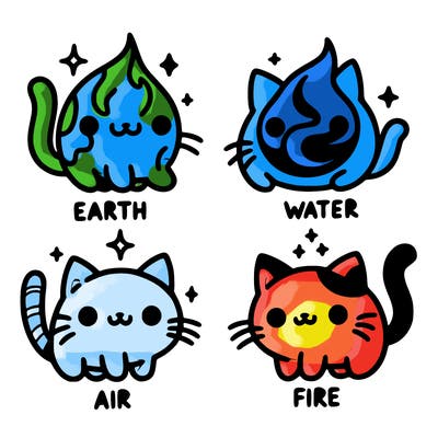 4 cats that represent the different elements, earth, water, air, and fire