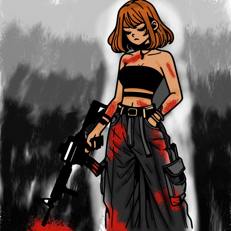 a dangerous girlcrop top and baggy jeans with a rifle in her hand