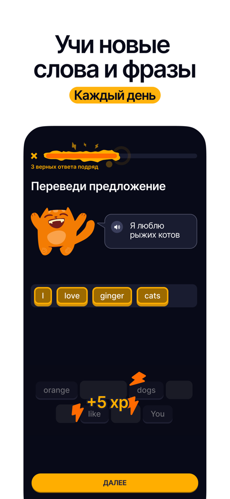 Aleem - English with AI - Aleemアプリのインターフェース。猫のマスコットが登場する英語翻訳演習が表示されます。