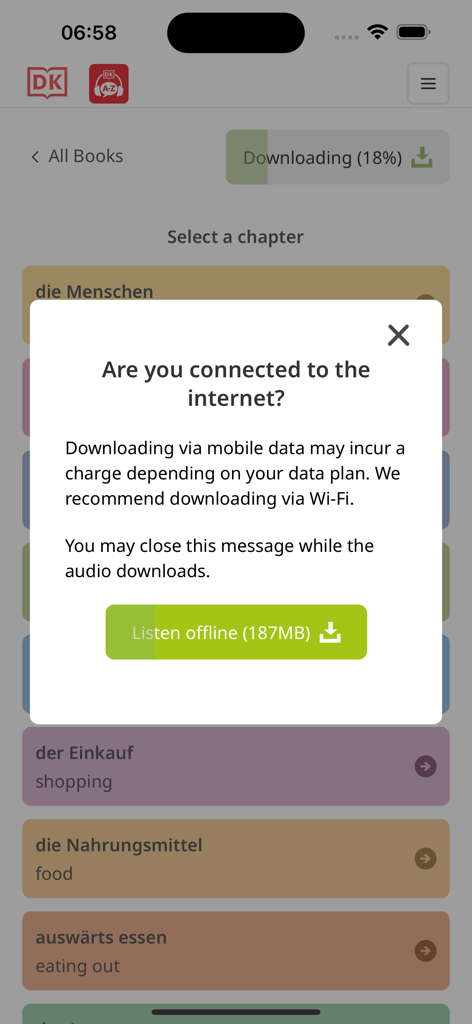 DK Bilingual Visual Dictionary - A popup message in the DK Bilingual Visual Dictionary app asking to download audio files for offline listening.