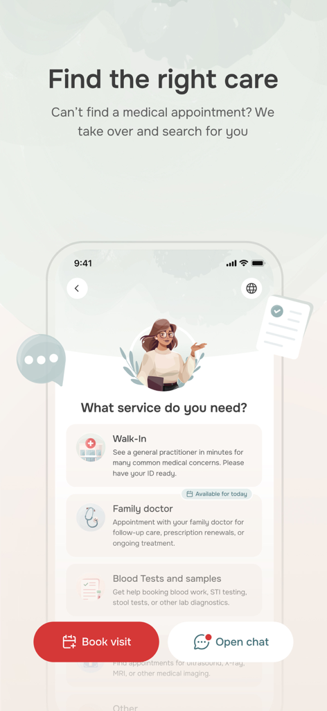 Doctr: Virtual Care - Doctr app screen showing options to book a walk-in clinic or family doctor appointment