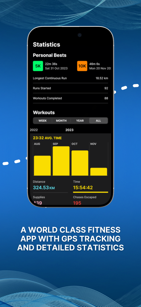 Schermata dell'iPhone che mostra le statistiche dell'app ZRX con i migliori personali e la cronologia degli allenamenti