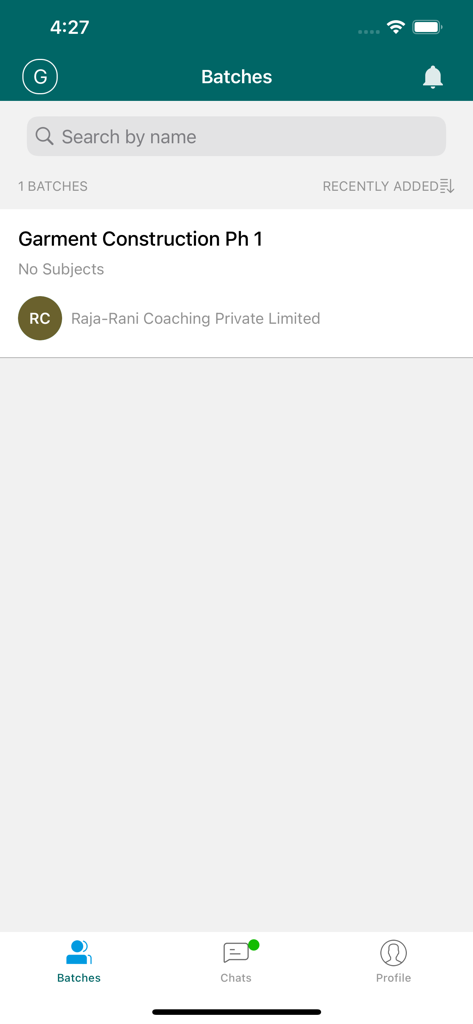 Raja-Rani Coaching - Batches screen in Raja-Rani Coaching app displaying garment construction courses