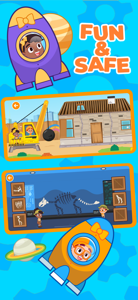 Blippi's Curiosity Club - Captura de pantalla de la aplicación Blippi Curiosity Club que muestra juegos educativos divertidos y seguros que incluyen exploración de construcción y dinosaurios