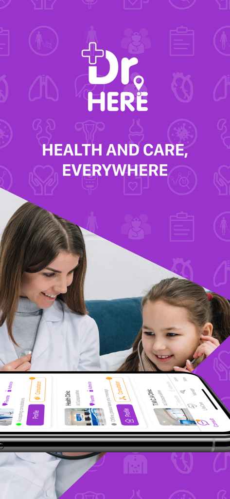 Interfaz de la aplicación Dr. Here Online que muestra eslóganes de salud y cuidado con un médico y un paciente infantil