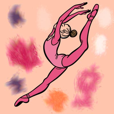 gymnast doing a leap in a leotard with a bent back leg