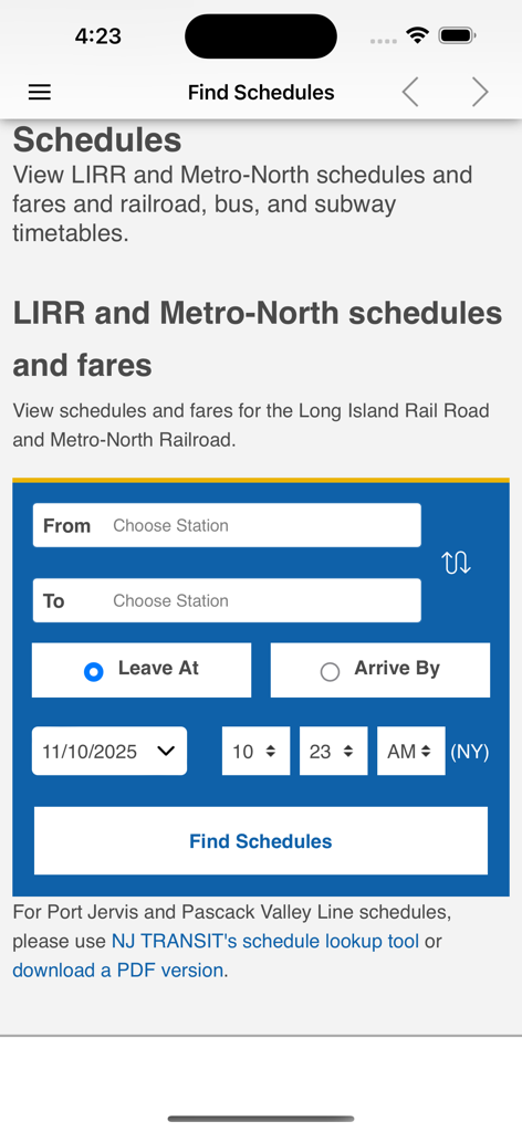 NYC Metro Map + - Suchbildschirm für Fahrpläne von LIRR und Metro North