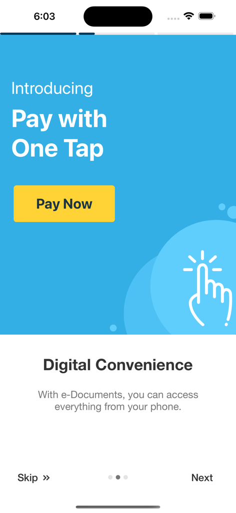 Lakeview Mortgage app onboarding screen introducing pay with one tap and digital convenience features.