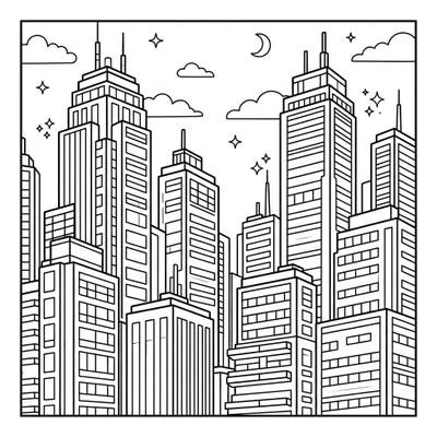 Dive into a bustling urban landscape with this exciting skyscrapers coloring page, perfectly designed for young artists. Kids will love bringing these towering buildings and a starry sky to life with their favorite colors.