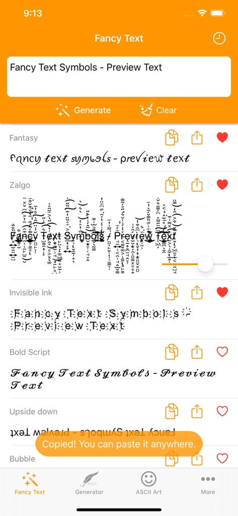 Fancy Text Symbols app showing different stylish font options like Zalgo and Bold Script
