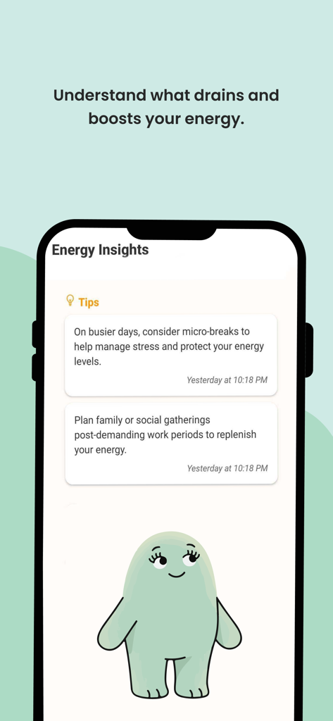 Lira for Neurodivergent Women - Lira app interface showing energy insights with stress management tips and a cute mascot