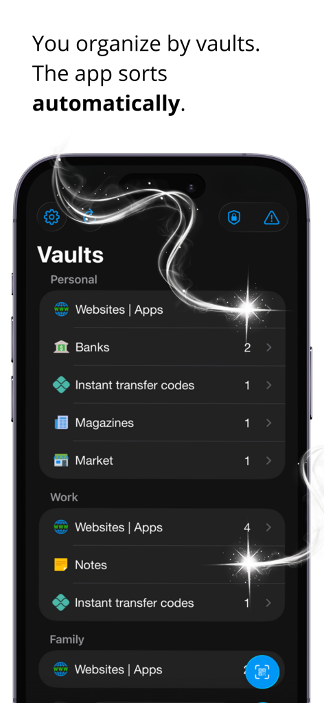 iSenhas - Password Manager - Interfaz de la aplicación iSenhas que muestra la organización automática de contraseñas en bóvedas personales y de trabajo.