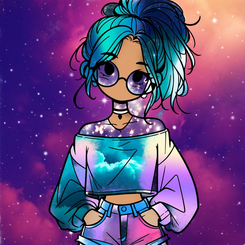 girl with a messy ponytail glasses a baggy crop top and jean shorts