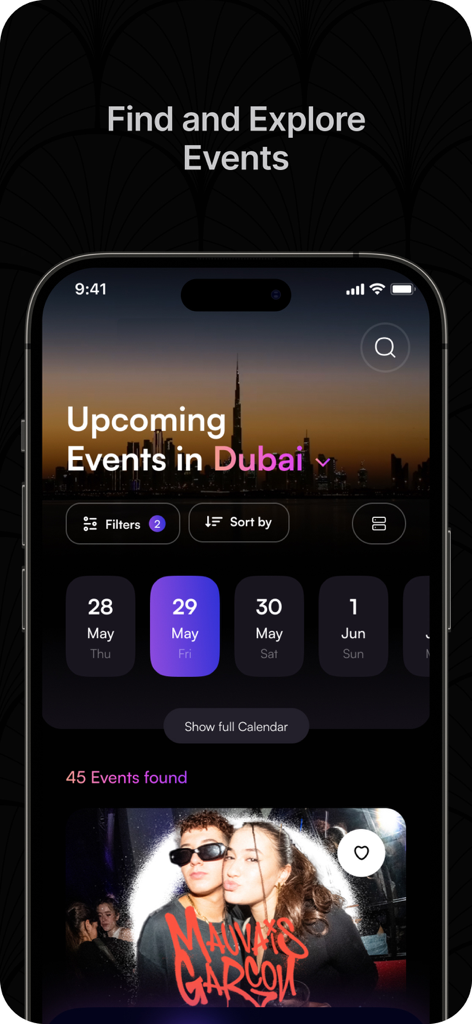 The Secret Society - The Secret Society app interface showing upcoming lifestyle events in Dubai with a calendar date selector and filtered search results.