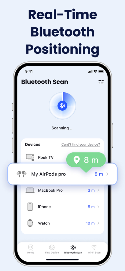 Security Camera - Home Camera - Interface of the Security Camera app showing real-time Bluetooth device positioning and proximity tracking for AirPods and other devices