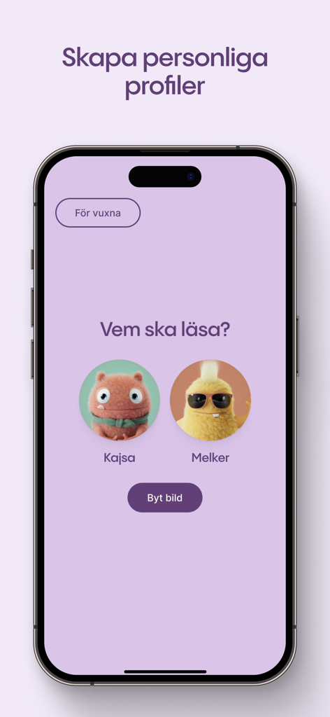Lylli: Tusentals barnböcker - Lylli app user profile selection screen featuring cute monster avatars for children