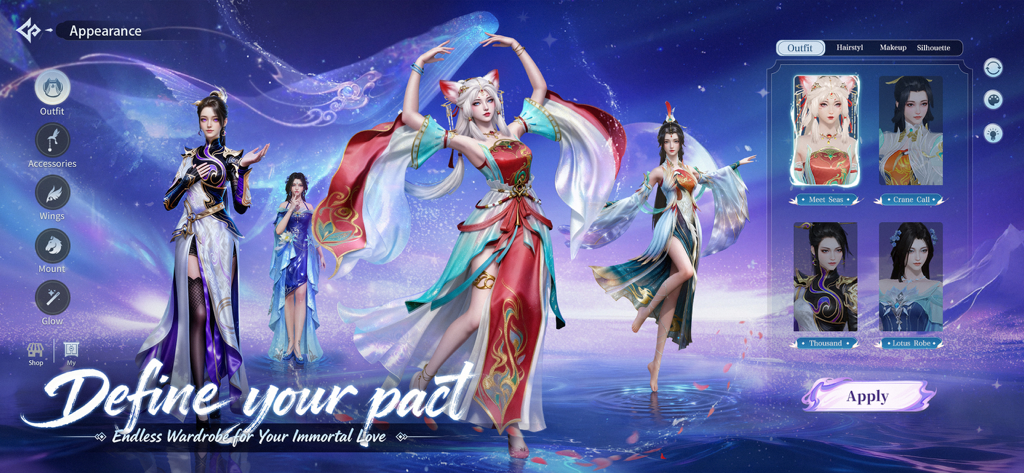 Character customization screen in Eternal Sword Pact showing various elegant outfits and hairstyles for female characters.