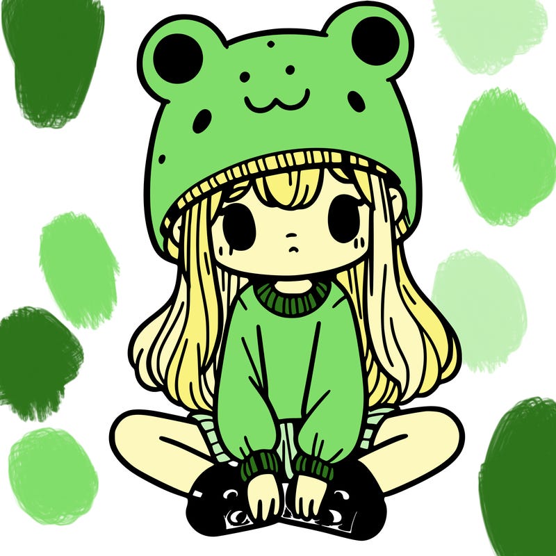 a girl wearing a frog hat and some frog socks