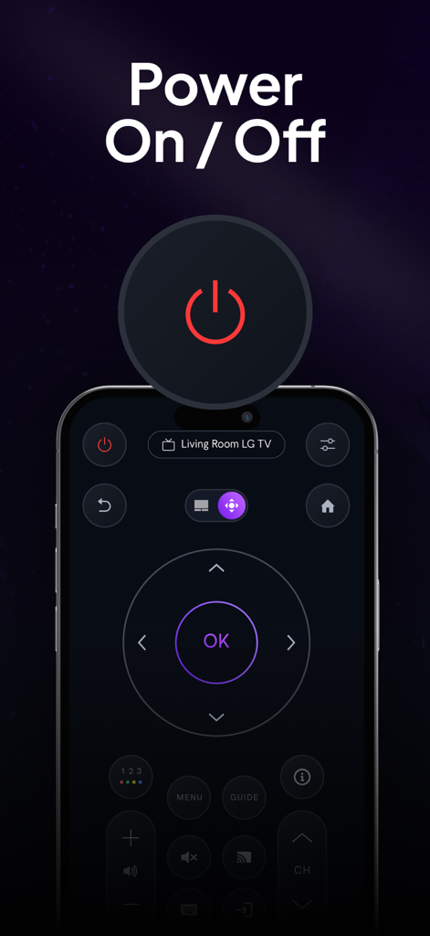 Tela do smartphone exibindo a interface do aplicativo Universal Remote com um botão proeminente de ligar/desligar e controles de navegação para uma TV LG