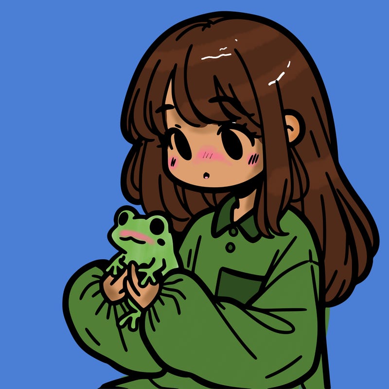girl with long hair and a oversized shirt. and she is holding a frog