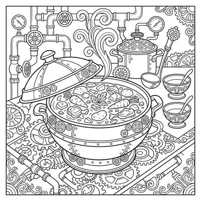 Immerse yourself in a fascinating blend of culinary comfort and industrial fantasy with this Steampunk Soups & Stews coloring page. Discover a bubbling pot adorned with gears, surrounded by intricate pipes and Victorian-era charm, ready for your artistic touch.