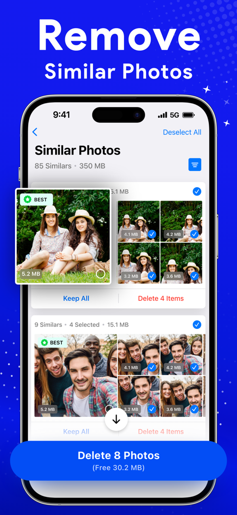 Interfaz de la aplicación Cleaner mostrando la eliminación de fotos similares para liberar espacio en el dispositivo.