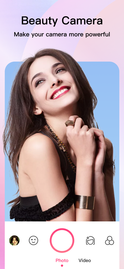 Interface of the Beauty Camera PrettyMe app featuring a smiling woman and photo editing options