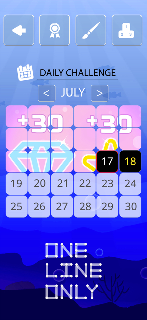 One line only : dot to dot - Daily challenge calendar screen for the One line only puzzle game showing July levels and rewards