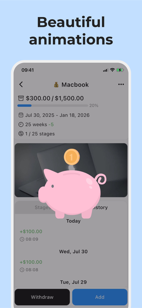 Savings Tracker: My Piggy Bank - Mobile app screen showing a savings goal for a Macbook with a progress bar and an animated pink piggy bank.
