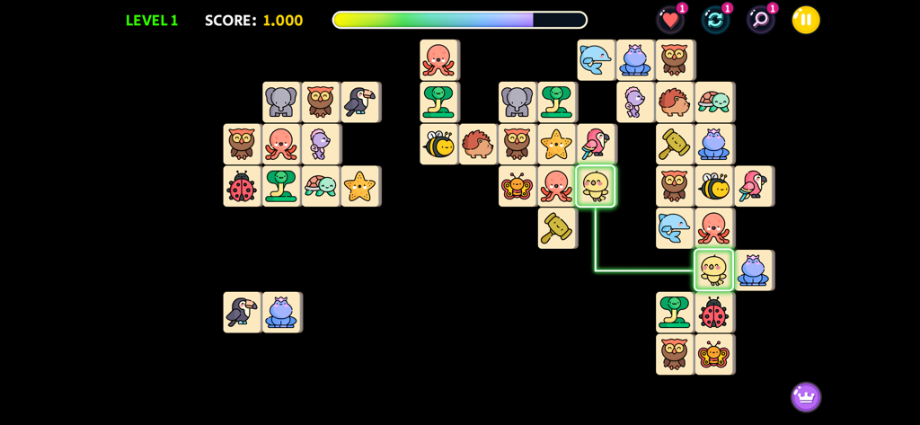 Onet Connect Animal - Classic - Jeu Onet Connect Animal montrant l'association de puces avec de jolis personnages animaux.