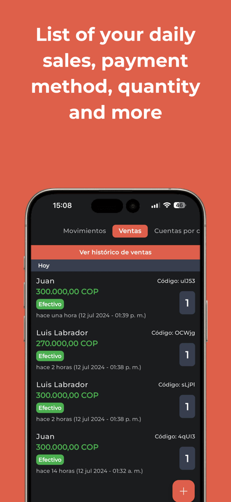 Pantalla de la app móvil mostrando una lista de transacciones de ventas diarias incluyendo nombres de clientes y precios