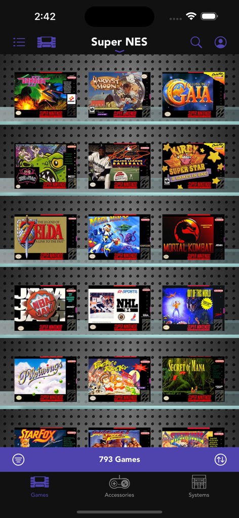 A grid of Super Nintendo game titles with box art in the Ultimate Game Guide app.