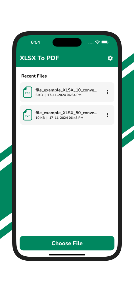 XLSX to PDF Converter - A lista de arquivos recentes no aplicativo Conversor de XLSX para PDF mostrando documentos PDF convertidos e um botão Escolher Arquivo