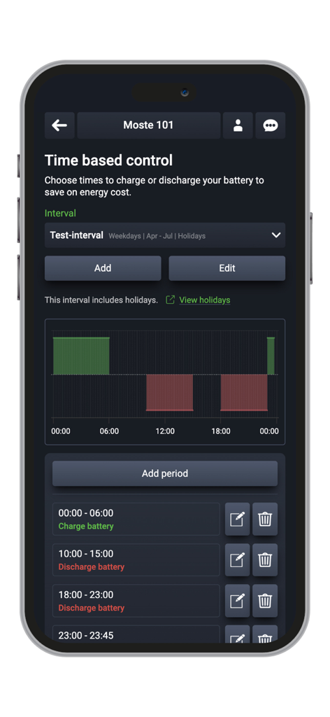 Smart Grid Connect - Interface do aplicativo Smart Grid Connect para agendar horários de carga e descarga da bateria