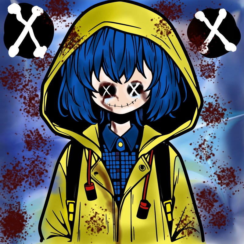 little anime girl in a raincoat her hair is covering her eyes she has a lighter