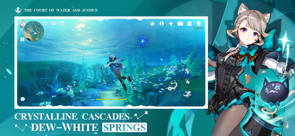 Jugabilidad de Genshin Impact mostrando a la personaje Lynette y una escena submarina en Fontaine.