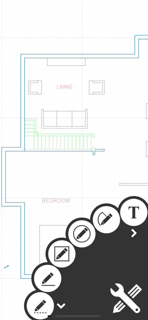 Draft Paper - 住宅のフロアプランのスケッチと描画ツールの放射状メニューを表示するDraft Paperアプリのインターフェイス