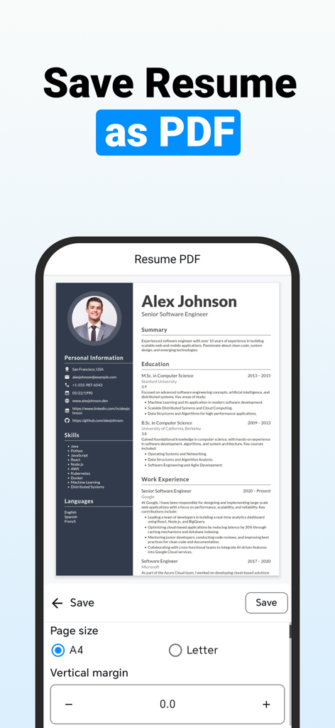 CV Maker, Resume Builder - Una interfaz móvil para DuckResume que muestra una vista previa de un currículum profesional con opciones para guardar como PDF en formato A4 o Carta