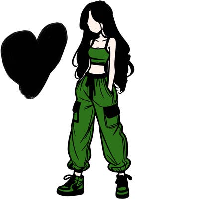 girl in baggy pants crop top and long hair
