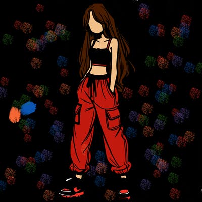 girl in baggy pants crop top and long hair