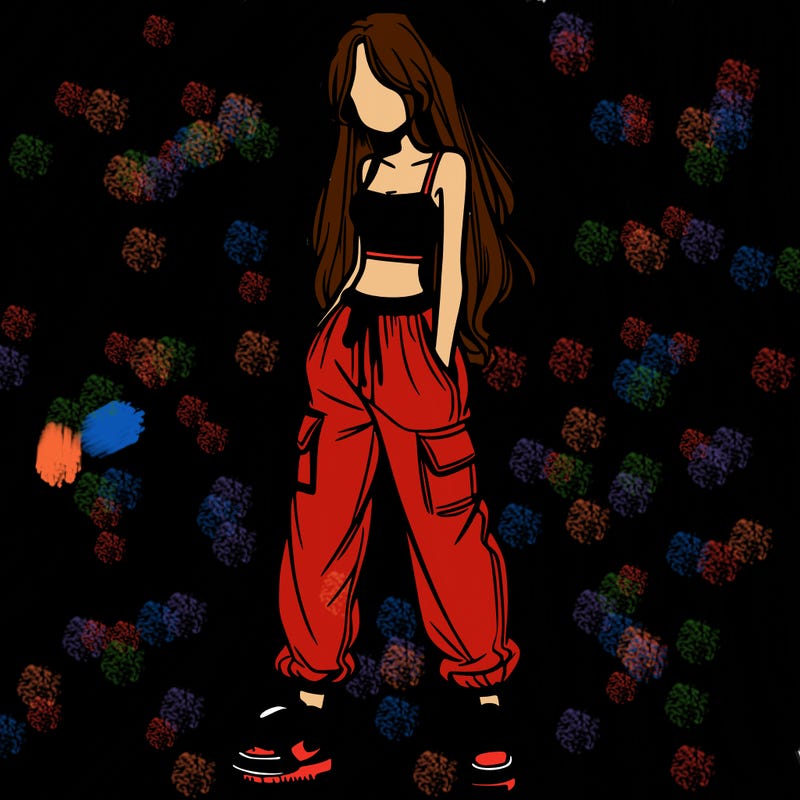 girl in baggy pants crop top and long hair