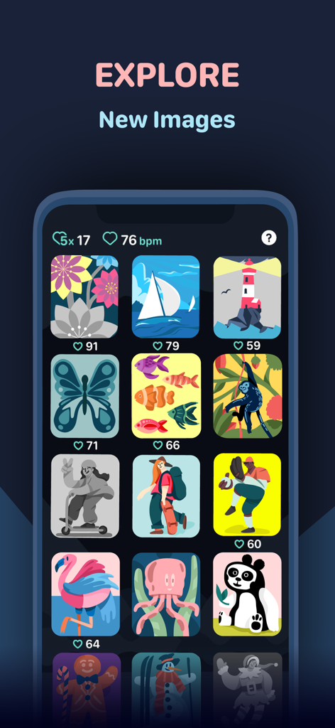 A gallery of colorful illustrations in the Coloring Watch mobile app.