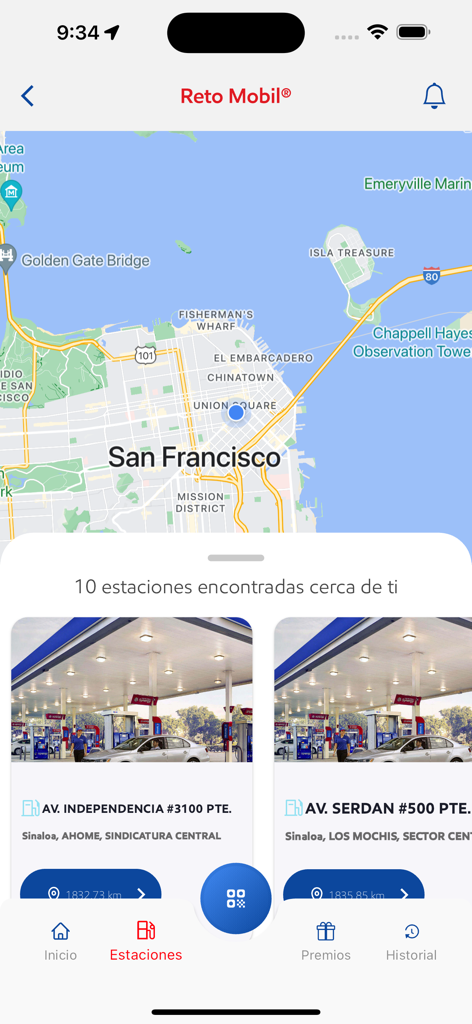 La schermata del localizzatore di stazioni dell'App Mobil che mostra una mappa di San Francisco e un elenco di stazioni di servizio nelle vicinanze.