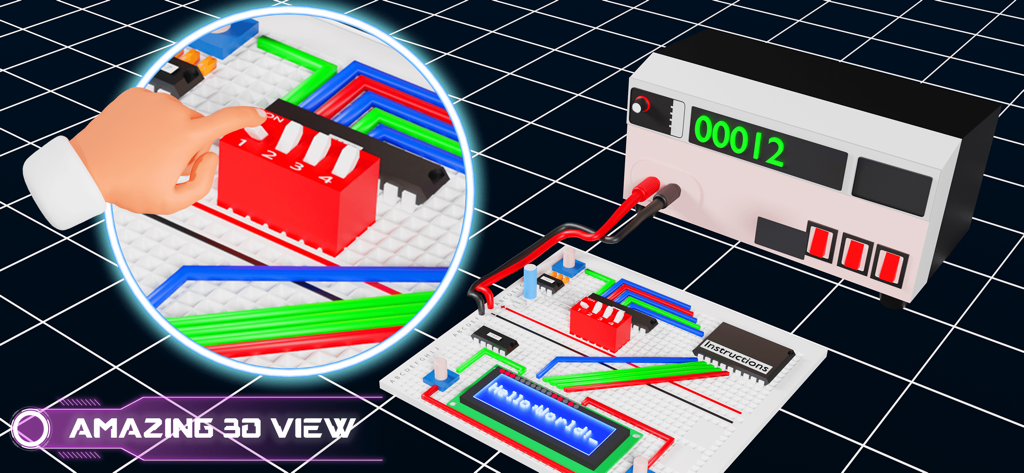 電源とデジタルディスプレイを備えた電子回路ブレッドボードのインタラクティブ3Dビュー